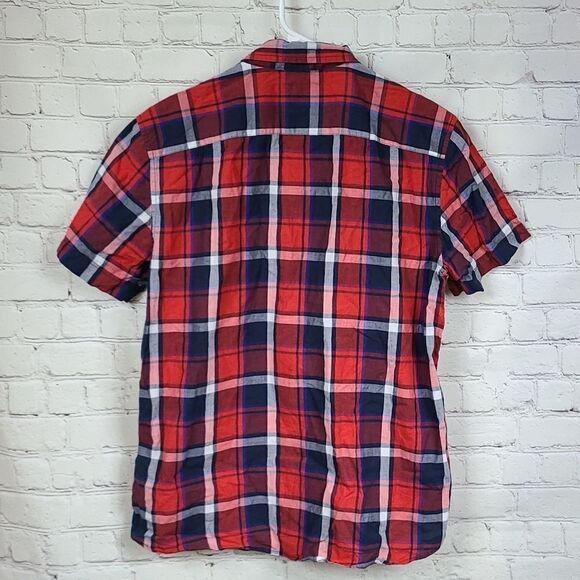 American Eagle Men Small Slim Fit Red Blue Plaid Button Down Short Sleeve Shirt - Picture 2 of 6